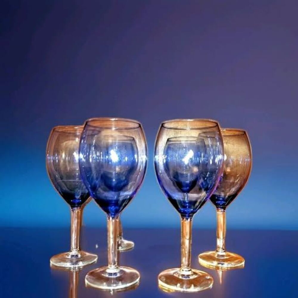 6 ✨ CLEAR BLUE GLASS GOBLETS ✨ Clear Stem Champagne WINE  Water Glass LONG STEM